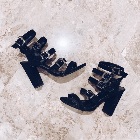 Wild Diva Shoes - DONATED Black Suede Strappy Chunky Heels